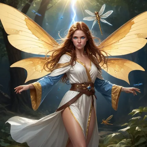 Prompt: Fairy with dragonfly wings, sorceress, fighting, standing, battle setting, rays of sunshine firing out of hands, big brown worn out boots, resting bitch face, brown hair with auburn highlights, realistic blue eyes, white and golden robe, detailed features, high quality