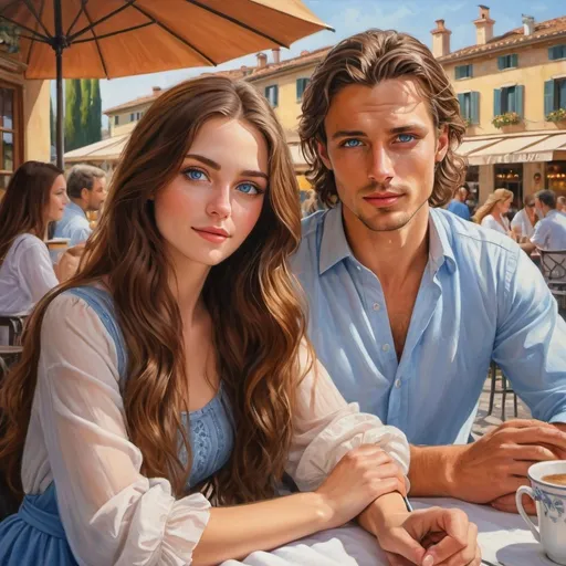 Prompt: Beautiful woman with long wavy brown hair and soft blue eyes, handsome man, outdoor cafe, realistic painting, Italy, romantic atmosphere, vibrant colors, detailed facial features, high quality, outdoor, realistic, charming, Italian setting, cozy atmosphere, traditional attire, warm sunlight, vibrant colors, professional painting