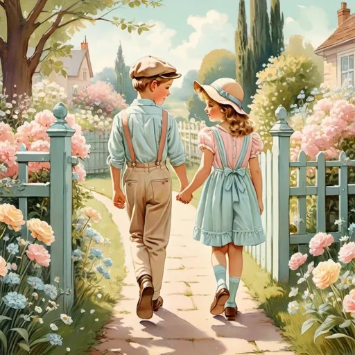 Prompt: Vintage illustration of sweet boy and girl, pastel colors, flower garden, hand in hand, charming fence, delicate lines, detailed features, high quality, vintage style, soft pastel tones, quaint surroundings, charming, detailed, lovely couple, nostalgic, romantic, vintage, garden, detailed features, pastel colors