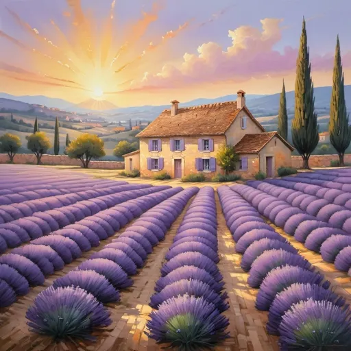 Prompt: Lavender field with a french cottage, expansive outdoor space, Provence, sunrise, high quality, oil painting, serene atmosphere, warm sunrise lighting, detailed lavender blooms, peaceful countryside, rural landscape, traditional architecture, scenic view, vibrant colors, professional, tranquil setting, sunrise lighting