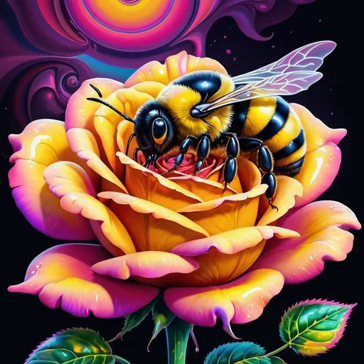 Prompt: Psychedelic rose and bumblebee, melting effect, concert poster style, trick of the eye painting, vibrant and trippy colors, high quality, 3D rendering, surreal, vibrant colors, melting effect, detailed petals, bumblebee with iridescent wings, psychedelic, trippy, surrealistic, vibrant lighting