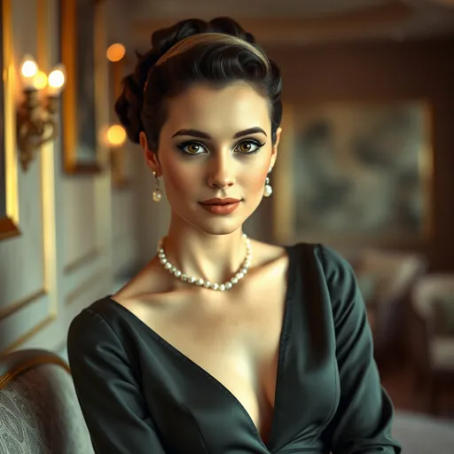 Prompt: photorealistic, (old Hollywood style), (sophisticated young woman), elegant attire reminiscent of Audrey Hepburn, full length body, hair styled in vintage glamour, soft lighting capturing a nostalgic atmosphere, muted pastel colors, timeless beauty, luxurious and refined setting, classic film vibe, vintage glamour, HD, ultra-detailed, 