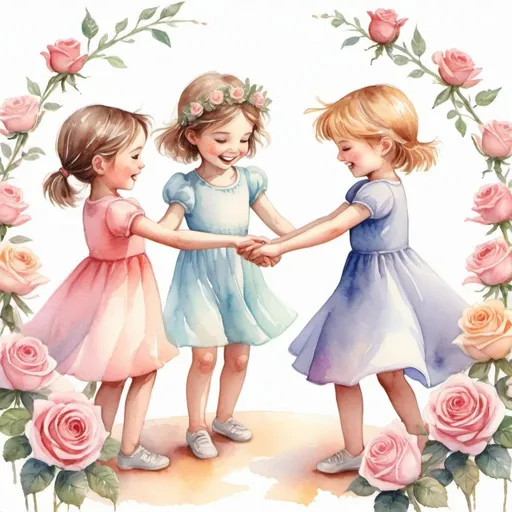 Prompt: Whimsical, children dancing ring around the roses, holding hands, cute, high quality, watercolor painting, pastel tones, soft lighting, detailed hand gestures, joyful expressions