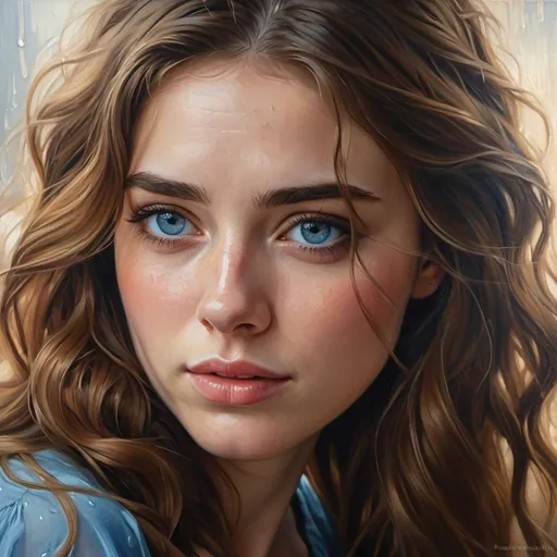 Prompt: A beautiful young woman with long wavy brown hair, soft blue eyes, wearing a blue dress, tears rolling down her cheeks, emotional, detailed, highres, realistic, oil painting, emotional realism, soft and warm lighting, detailed hair, detailed facial features, realistic teardrops, soft and delicate, emotional portrait, detailed clothing, melancholic atmosphere, fine art, dramatic lighting, realistic texture, introspective, melancholy, detailed eyes