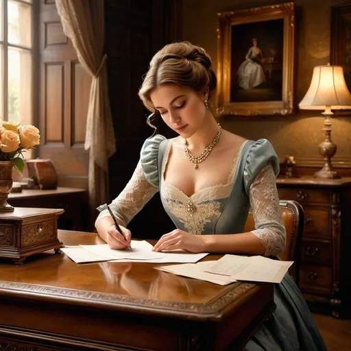 Prompt: High-res oil painting of a young woman writing a letter at an antique desk, elegant vintage dress, soft natural lighting, detailed facial features, subtle warm tones, intricate lace details, classic art style, vintage ambiance, detailed hands, antique furniture, professional, elegant, vintage, detailed dress, warm lighting