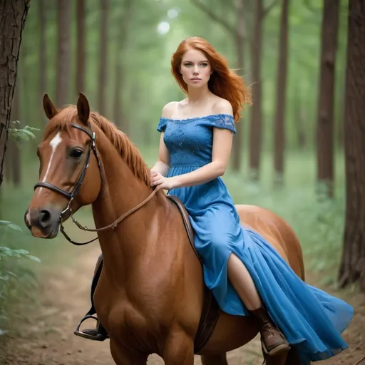 Prompt: Auburn hair young woman riding a palomino horse wearing beautiful blue dress in the forest