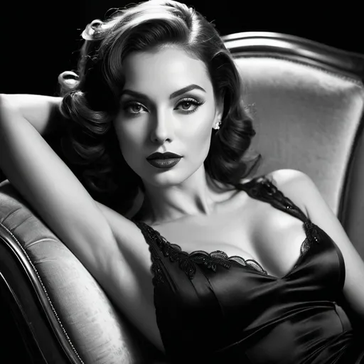 Prompt: Black and white photo of a beautiful woman, sensual pose, propped up on chaise lounge, high contrast, film noir style, detailed facial features, elegant, vintage, old Hollywood glamour, classic black and white tones, dramatic lighting, highres, high contrast, film noir, bombshell, sultry, vintage, elegant, classic, detailed facial features, glamorous, sensual pose
