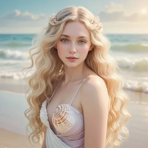 Prompt: Venus goddess of love, beautiful woman, long wavy blonde hair, realistic, serene atmosphere, soft colors, seashells on a beach, ocean background, high quality, radiant, detailed waves, serene, realistic, ethereal, goddess, soft pastel tones, beach landscape, delicate seashells, glowing, highres