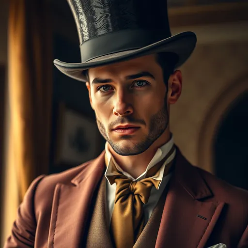 Prompt: photorealistic, (hyperrealistic) image of a (handsome) man, wearing a classic vintage (suit) and stylish (top hat), dramatic lighting, intricate details in facial features, capturing elegance, warm tones emphasizing sophistication, set against a refined backdrop, showcasing textures and fabrics, richly detailed, (4K), an aura of nostalgia and charm.