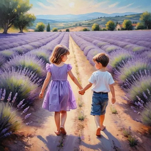 Prompt: Beautiful little girl and little boy holding hands in a lavender field in France, oil painting, colorful blossoms, high quality, realistic, pastel hues, soft lighting