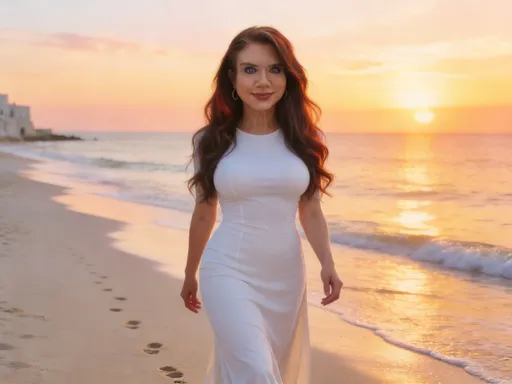 Prompt: A beautiful woman(long wavy brown hair with auburn highlights), (realistic soft blue eyes), walking in a picturesque beach setting at sunset, (Puglia, Italy), 34 c bust, hourglass figure,cduring a breathtaking sunset casting golden hues, soft waves lapping the shore, delicate footprints trailing behind, fitted white top and flowing long skirted dress fluttering gently in the breeze, pastel colors, high detail, serene ambiance, (4K, ultra-detailed). She is not wearing eyeglasses. 