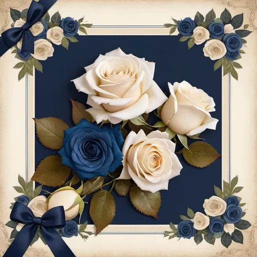 Prompt: (scrapbook page design), (elegant arrangement), clusters of beautiful blue and ivory roses, (navy ribbon weaving), classic floral composition, roses cluster at corners of page, warm and inviting tones, ultra-detailed, cozy atmosphere, vintage aesthetic, soft shadows enhancing depth, ideal for creative projects.