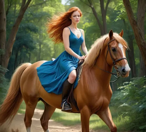 Prompt: Auburn hair woman riding palomino horse, beautiful blue dress, lush forest setting, high quality, realistic, detailed, graceful, elegant, vibrant colors, natural lighting, detailed hair, flowing dress, horseback riding, serene atmosphere