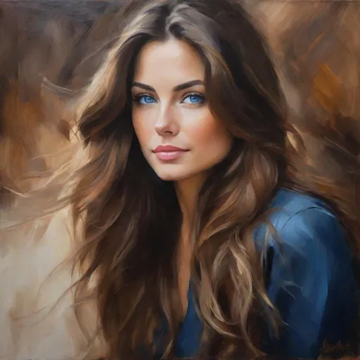 Prompt: Oil painting of a beautiful woman, brown long hair, blue eyes, visible brush strokes, rough edges, muted colors, warm lighting, neutral backdrop, high quality, oil painting, portrait, detailed hair, expressive strokes, warm tones, soft lighting