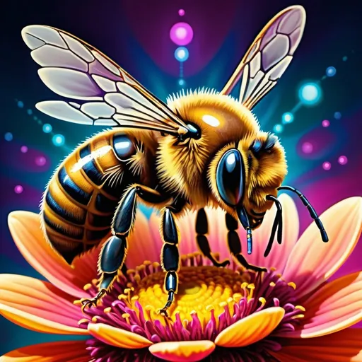 Prompt: Psychedelic honey bee on a flower, vibrant colors, surreal concert poster, optical illusion painting, high quality, detailed, vibrant, psychedelic, surreal, concert poster, honey bee, flower, optical illusion, vibrant colors, detailed, highres, trippy, surrealistic, eye-catching, vibrant lighting