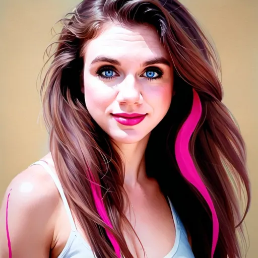 Prompt: Realistic gouache watercolor of a beautiful young woman with long brown hair, featuring a hot pink streak, detailed facial features, high quality, realistic, gouache watercolor, long hair, hot pink streak, detailed facial features, vibrant colors, professional, realistic lighting