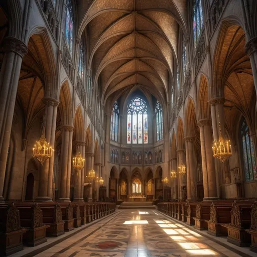 Prompt: Gothic cathedral interior, natural light streaming, stained glass windows, mosaic tiled floor, dramatic light and shadows, grandeur, high quality, detailed textures, intricate architectural details, ornate columns, majestic atmosphere, historical, cathedral, gothic, dramatic lighting, grand interior, stunning stained glass, intricate mosaics, majestic architecture