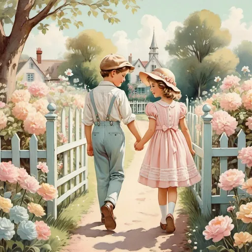 Prompt: Vintage illustration of a sweet boy and girl, pastel colors, flower garden, hand in hand, charming fence, delicate lines, vintage style, detailed features, soft pastel tones, quaint surroundings, high quality, charming, vintage, detailed, pastel colors, garden, lovely couple, nostalgic, romantic