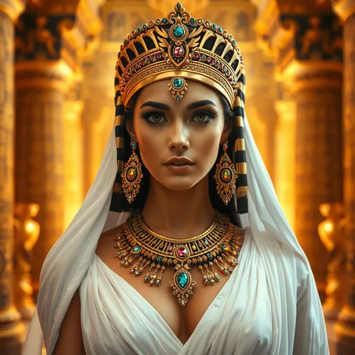 Prompt: (Cleopatra), beautiful Egyptian princess, adorned with intricate (gold jewelry) and vibrant (gemstones), displaying a magnificent (headband) and an elegant (necklace), dressed in stunningly flowing (beautiful white clothing), set against a lavish, opulent background featuring ancient Egyptian architecture, warm golden tones showcasing richness, high quality, ultra-detailed, cinematic masterpiece ambiance with a regal vibe.