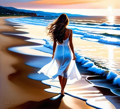 Prompt: Oil painting landscape of a woman with long wavy brown hair, lonely beach shore at dusk, walking away, distant aerial view, white dress, serene mood,, high quality, soft lighting, peaceful, elegant, tranquil atmosphere, beach scenery, pastel colors, artistic, realistic, detailed, detailed hair, professional, soft lighting