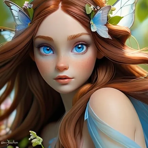 Prompt: Realistic close-up of a fairy goddess with long brown hair and auburn highlights, striking blue eyes, spring color palette, ethereal and delicate, high quality, realistic, detailed, fairy goddess, spring colors, close-up, long hair, auburn highlights, blue eyes, ethereal, delicate, detailed, professional