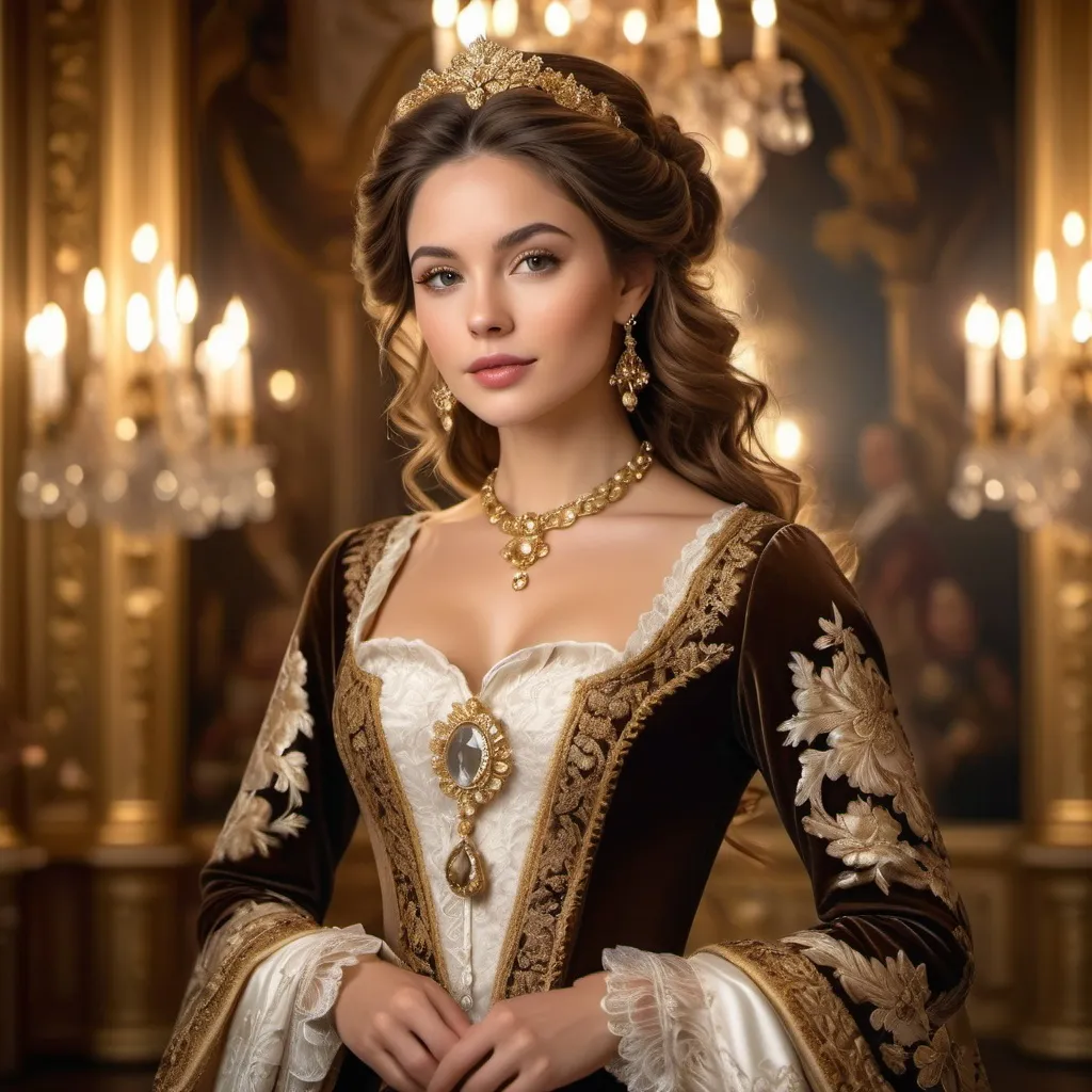 Prompt: portrait of a (young, beautiful woman) with (brown hair), wearing (opulent baroque attire), set against a (luxurious baroque background), adorned with rich fabrics and intricate details, ambient lighting that enhances the elegance, soft golden tones, an aura of grandeur and sophistication, (highly detailed, ultra-detailed, 4K resolution).