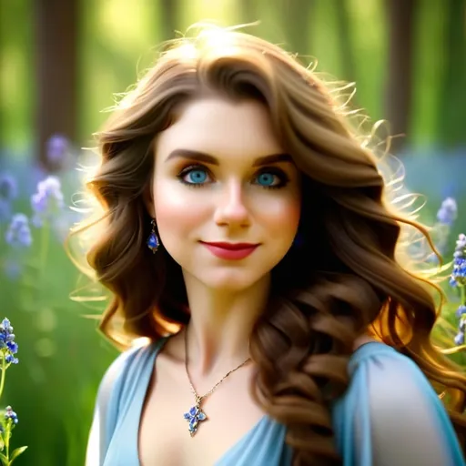 Prompt: A (beautiful young woman) with long wavy brown hair and (natural soft blue eyes), wearing a (flowing dress), walking gracefully in a (lush meadow), surrounded by vibrant wildflowers, gentle breeze, sunlight filtering through trees, creating a serene and ethereal atmosphere, (highly detailed), (4K), (cinematic) quality, evoking a sense of bliss and tranquility.