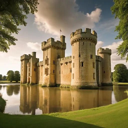 Prompt: Bodiam Castle in England, wide-angle view, full depth of field, high quality, realistic, traditional, warm tones, detailed architecture, lush green surroundings, historical, atmospheric lighting