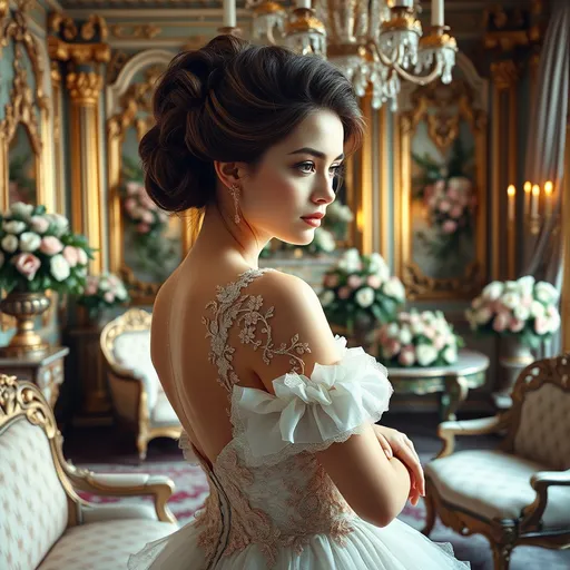 Prompt: (full length young beautiful woman  with brown hair in intricate up doo dressed in (rococo style)), opulent surroundings, intricate details, lavish decor, luxurious fabrics, elegant curves, ornate furniture, lush floral arrangements, pastel colors, soft romantic lighting, dramatic shadows, high quality (ultra-detailed), graceful poses, opulence embodied, dreamy ambiance.