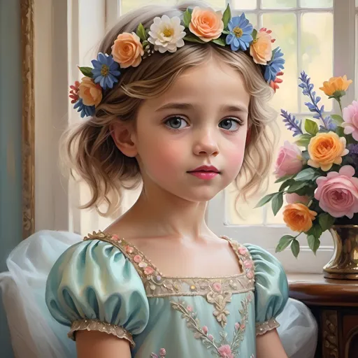 Prompt: Little princess with a flower crown, vibrant flower-filled vase, high-quality, detailed, oil painting, pastel colors, soft lighting, detailed facial features, delicate floral crown, elegant dress, royal setting