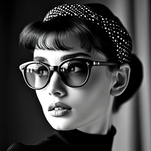 Prompt: photorealistic, (black and white), capturing a beautiful young woman, (dark hair) styled in an Audrey Hepburn fashion, wearing stylish dark sunglasses, with an elegant head tilt and refined neck. She is dressed in a black turtleneck with short sleeves, complemented by a chic polka dot scarf, evoking timeless sophistication. Rich detail in facial features, dramatic lighting, and a soft, glamorous ambiance highlight her elegance.