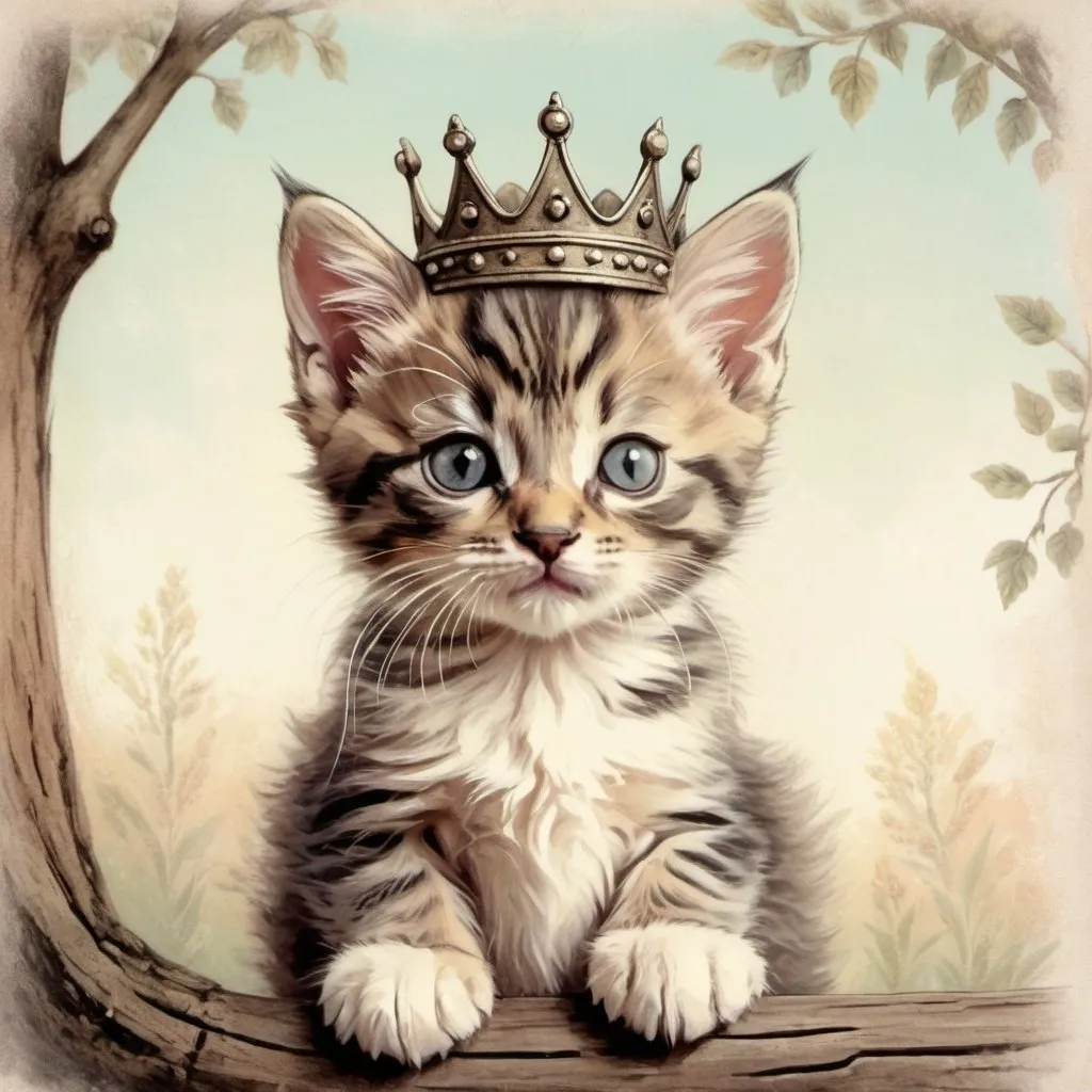 Prompt: Vintage illustration of a kitten wearing a crown, pastel colors, rustic, tree, detailed fur with soft textures, whimsical pastel tones, vintage style, cute and regal, high quality, detailed illustration, soft pastels, rustic fence, detailed fur, whimsical, regal, vintage style, professional, soft lighting