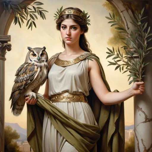 Prompt: Realistic oil painting of Athena, delicate features, full body, beautiful, detailed facial features, majestic owl perched on her shoulder, elegant olive branch in hand, high quality, professional, detailed, realistic, oil painting, classical, ancient Greek, graceful, serene lighting, soft color tones