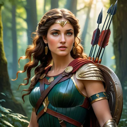 Prompt: Beautiful Roman goddess hunter Diana, intricate Roman attire, lush forest backdrop, arrows in quiver, ethereal and divine aura, realistic painting, vibrant colors, soft natural lighting, ancient Roman setting, detailed facial features, professional, highres, detailed, realistic painting, vibrant colors, natural lighting