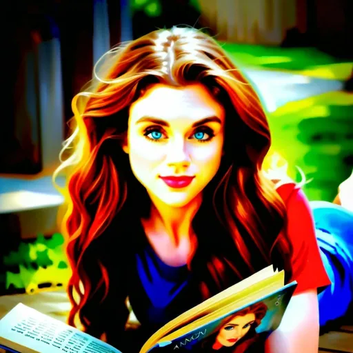 Prompt: Beautiful young woman with long wavy brown hair with auburn highlights and blue eyes, wearing a red t shirt and blue jeans, elegant, soft tones, high quality, realistic, romantic, detailed hair, serene atmosphere, soft lighting, book lover, fine art, peaceful ambiance