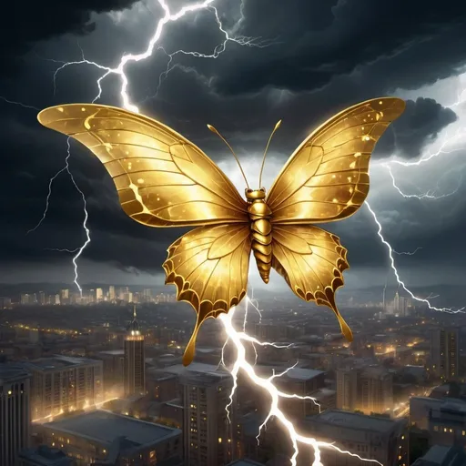 Prompt: A golden butterfly with lightning wings flies over the city, with dark clouds and thunder in the background, creating an epic fantasy scene. The illustration style is detailed and realistic, with high contrast lighting effects that highlight details of the creature's body and wings. High resolution bright colors. The style is in the style of a realistic illustrator.