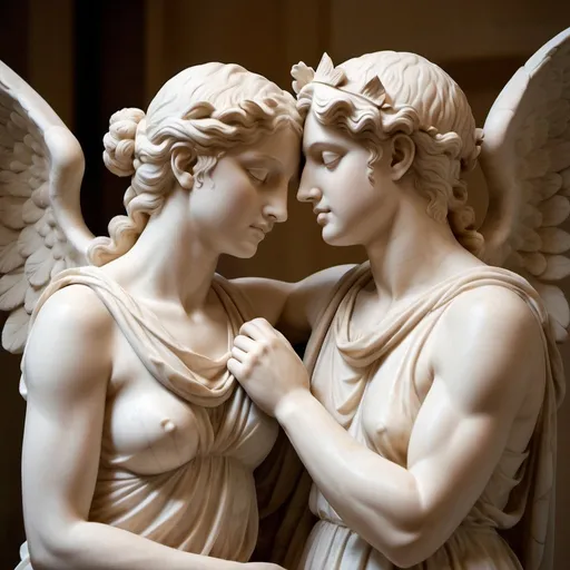 Prompt: Psyche and Eros in ancient Greece, marble sculpture, romantic embrace, ethereal beauty, soft lighting, classical art style, warm tones, intricate detailing, iconic love story, high quality, classical sculpture, romantic, delicate features, ancient setting, mythological, soft shadows, graceful composition