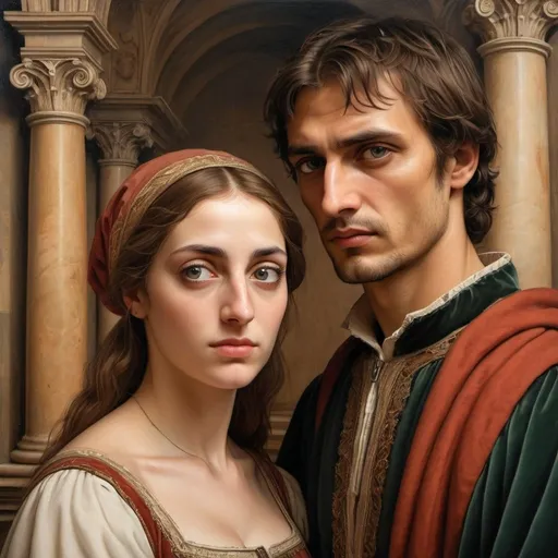 Prompt: Realistic portrayal of Paulo and Francesca, Italian Renaissance art, Dante, detailed facial features, passionate gaze, oil painting, authentic textures, historical theme, high quality, Renaissance, emotional, detailed eyes, intricate brushwork, classic art style, warm tones, soft lighting, Italian architecture in the background