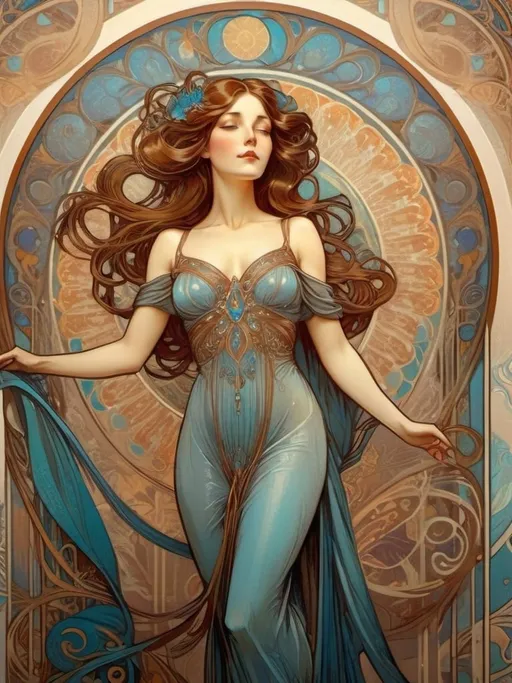 Prompt: Art nouveau illustration of a full body woman, Alphonse Mucha style, thick lines, intricate details, beautiful color palette, blue eyes, long brown hair, elegant posture, flowing gown, decorative elements, high quality, detailed, art nouveau, colorful, beautiful eyes, professional, atmospheric lighting