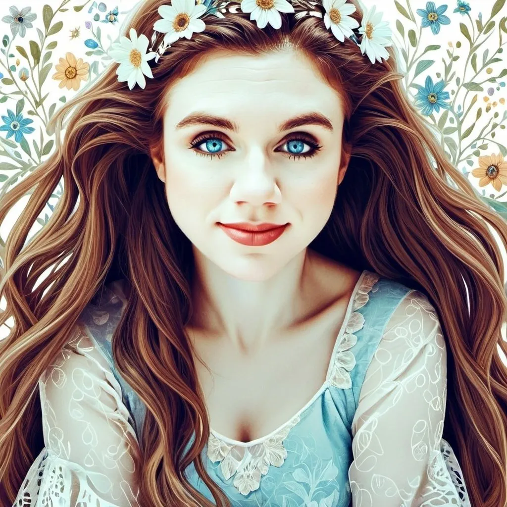 Prompt: Whimsical flower girl, with long brown hair and blue eyes,  thin line art, flat color illustration, high quality, detailed floral pattern, delicate and ethereal, pastel color palette, soft and dreamy, intricate line work, professional, highres, flat illustration, detailed flowers, whimsical vibe, delicate details, professional quality, ethereal beauty