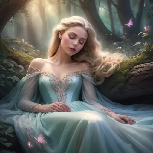Prompt: Sleeping beauty, digital painting, enchanted forest setting, peaceful and dreamy atmosphere, detailed facial features, flowing gown, magical aura, high quality, fantasy, ethereal, pastel tones, soft lighting