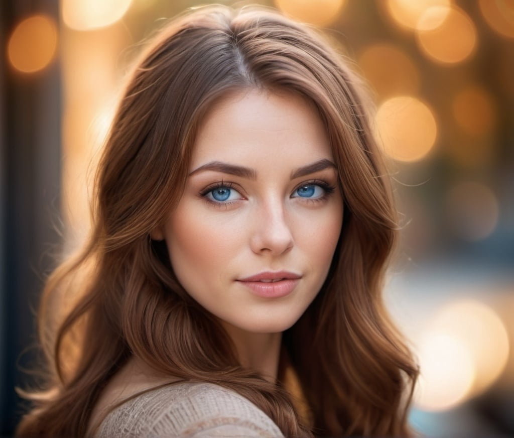 Prompt: Beautiful woman with brown hair and auburn highlights, soft lighting, blue eyes, bokeh, professional, highres, detailed hair, soft focus, portrait, warm tones, elegant, feminine, subtle highlights, bokeh effect