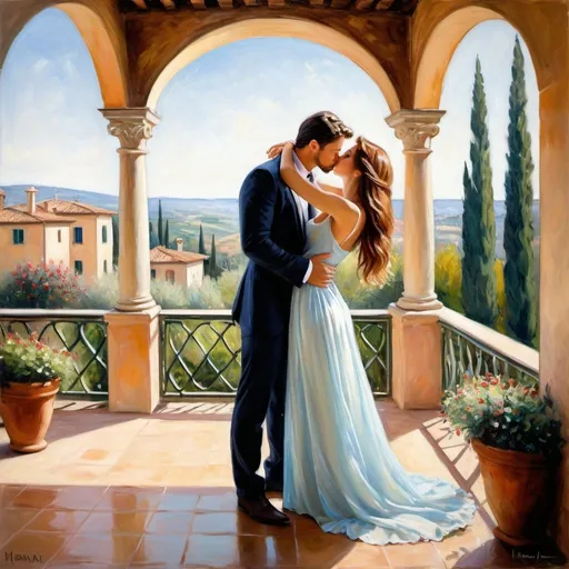 Prompt: Impressionist painting of a romantic kiss on a Tuscan villa veranda, soft colors, wide angle view, Monet style, beautiful woman with long brown hair and auburn highlights, soft blue eyes, handsome man, full-length, romantic, Tuscan villa setting, high quality, soft impressionist, romantic kiss, wide angle, Monet style, beautiful woman, auburn highlights, soft blue eyes, handsome man, soft colors, Tuscan villa, full-length, romantic