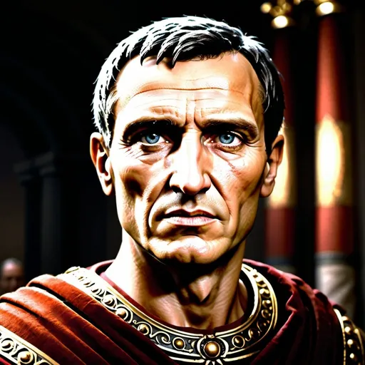 Prompt: Realistic depiction of Julius Caesar in ancient Rome, detailed features, high-quality, ancient Roman,  realistic lighting, historical accuracy, regal expression, Roman senator attire, realistic texture, classical art, grandeur, museum-quality, detailed eyes, noble, authoritative, regal Roman history, professional lighting