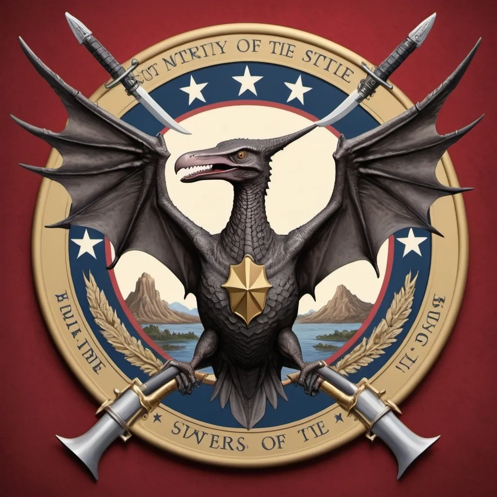 Prompt: A pterodactyl holding both a rifle and a sword as the Great Seal of the USA