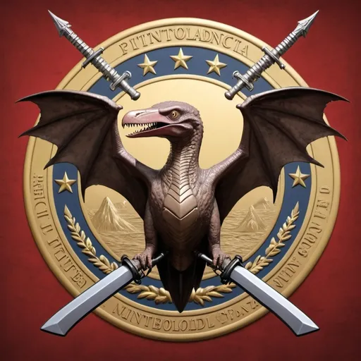 Prompt: A pterodactyl holding both a rifle and a sword as the Great Seal of the United Provinces of Nintendolandica