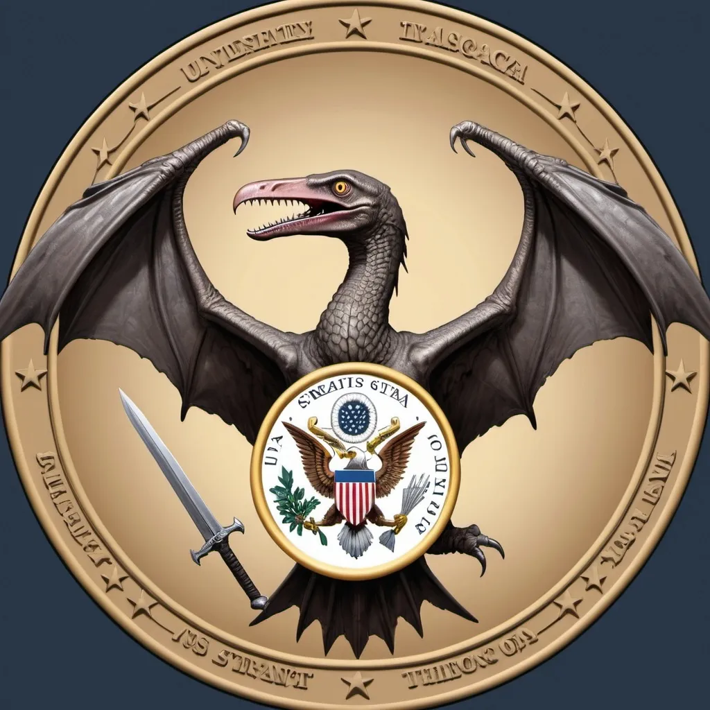 Prompt: A pterodactyl holding both a rifle and a sword as the Great Seal of the USA