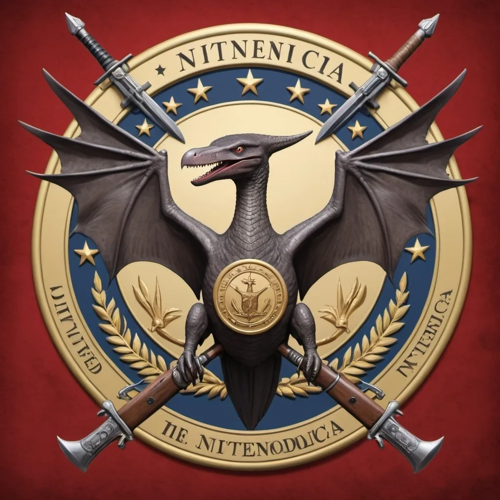 Prompt: A pterodactyl holding both a rifle and a sword as the Great Seal of the United Provinces of Nintendolandica