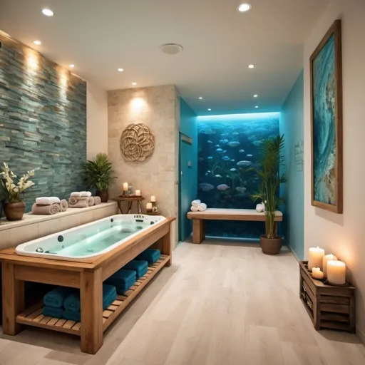 Prompt: create a place for spa and reflexology with a marine theme
