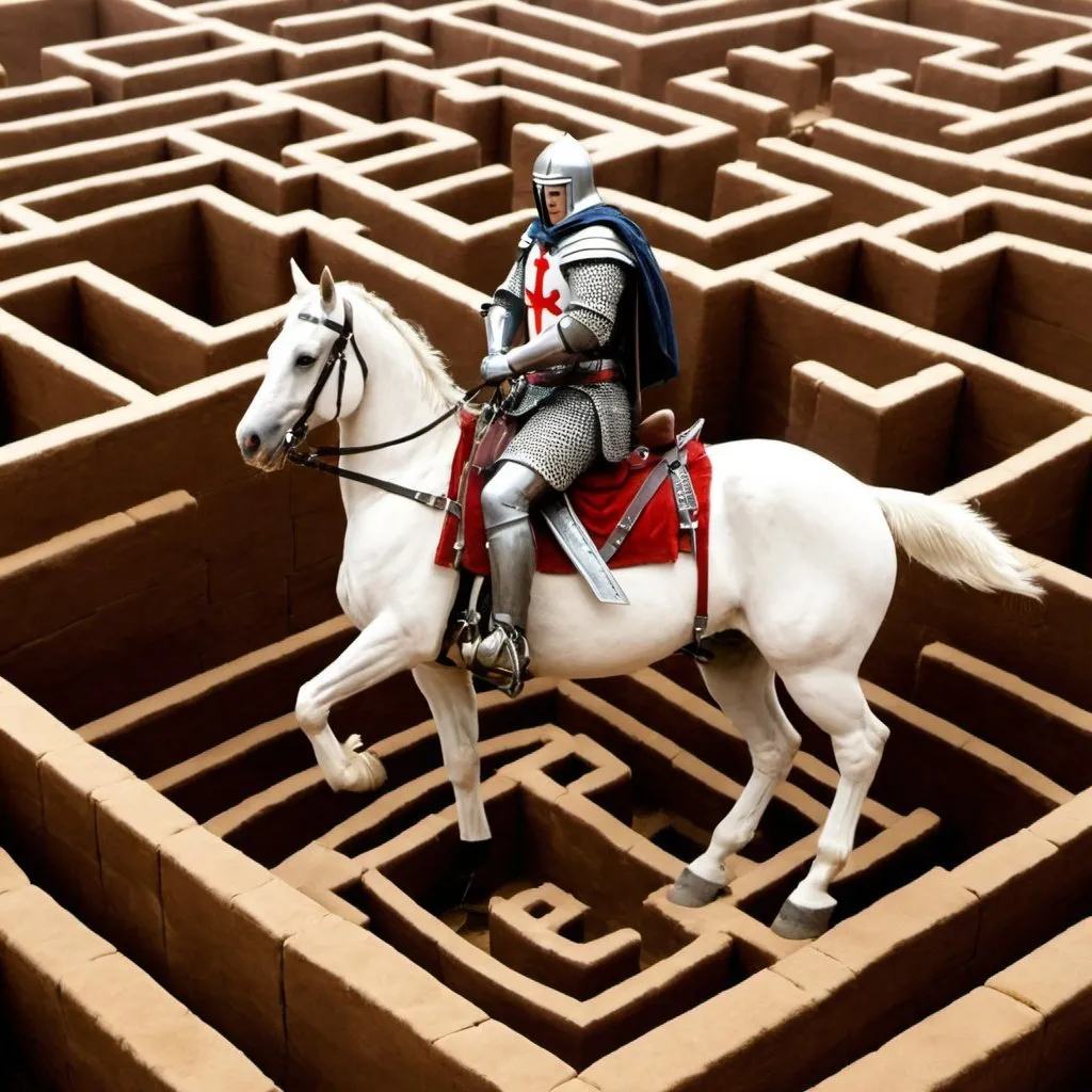 Prompt: horseback crusader inside Maze
